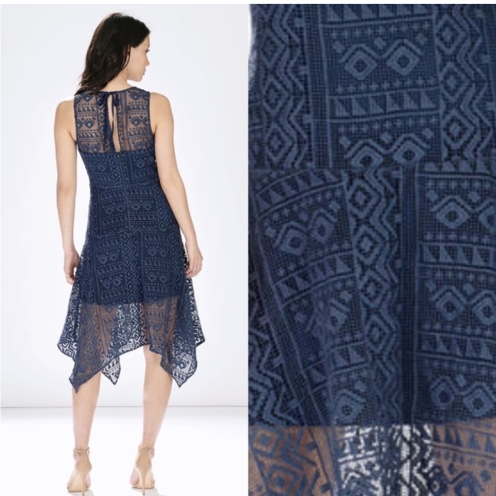 Parker Melissa Navy Blue Geometric Knit Crochet Sleeveless Handkerchief Dress M - Picture 3 of 13